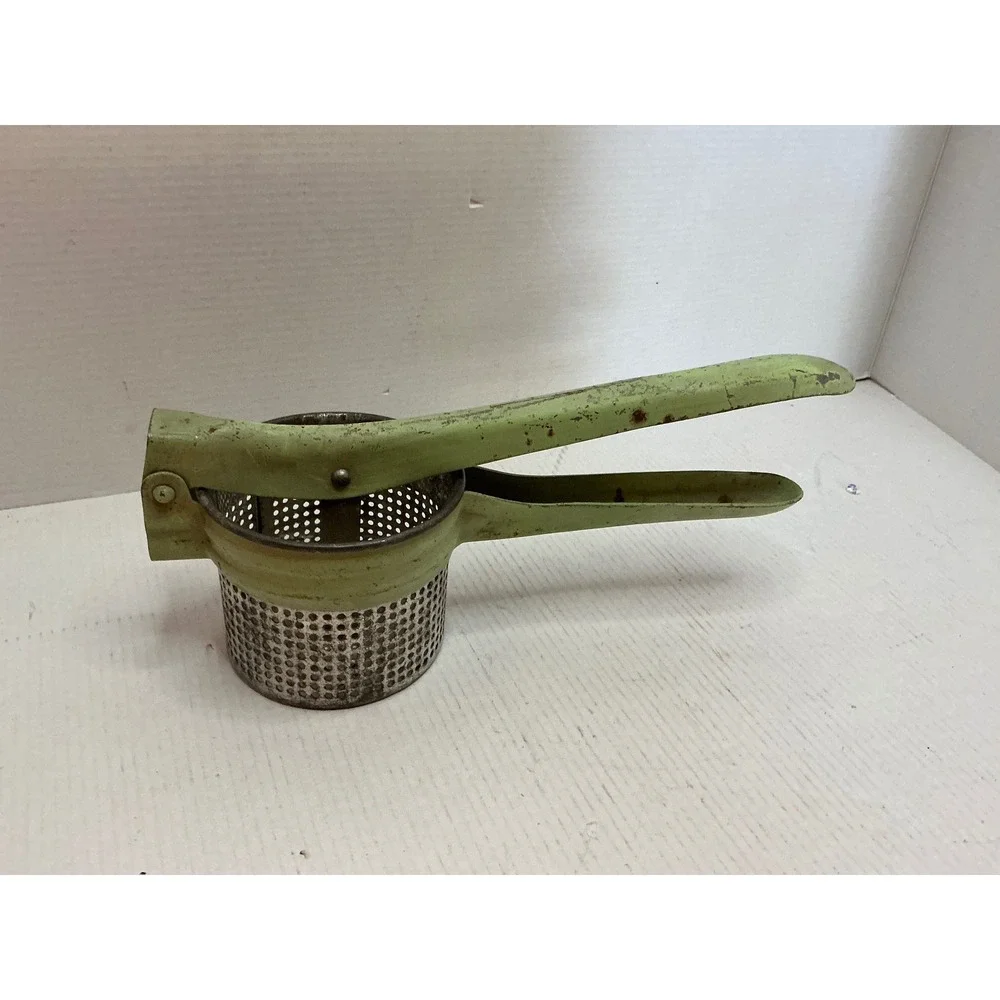 Vintage Potato Ricer Green Metal Hand Press Fruit Masher Farmhouse